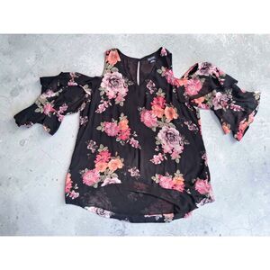 City Chic Size 24 Floral Cold Shoulder Flutter Sleeve Hi-Lo Blouse Top - Floral